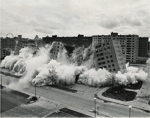 Demolition of Pruitt-Igoe in April 1972, St. Louis, Missouri [Photo by U.S. Department of Housing and Urban Development, Office of Policy Development and Research].  Source: http://places.designobserver.com/media/images/ForeclosedRoundtable-2_525.jpg