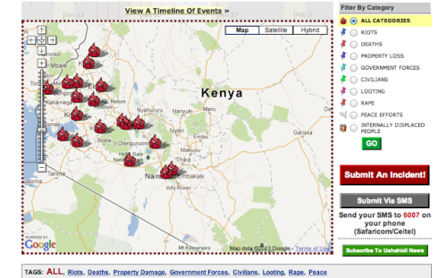 Mapping riots, deaths, property loss, government forces, civilians, looting, rape, peace efforts and internally displaced people during the 2007-2008 post-election violence in Kenya. Source: http://legacy.ushahidi.com/.